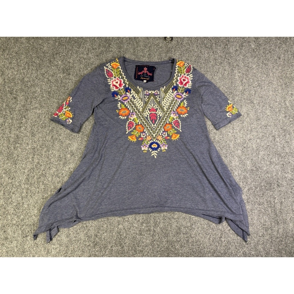 Women's Johnny Was JW Los Angeles Blue Floral Embroidered Shirt Size XS Flowers